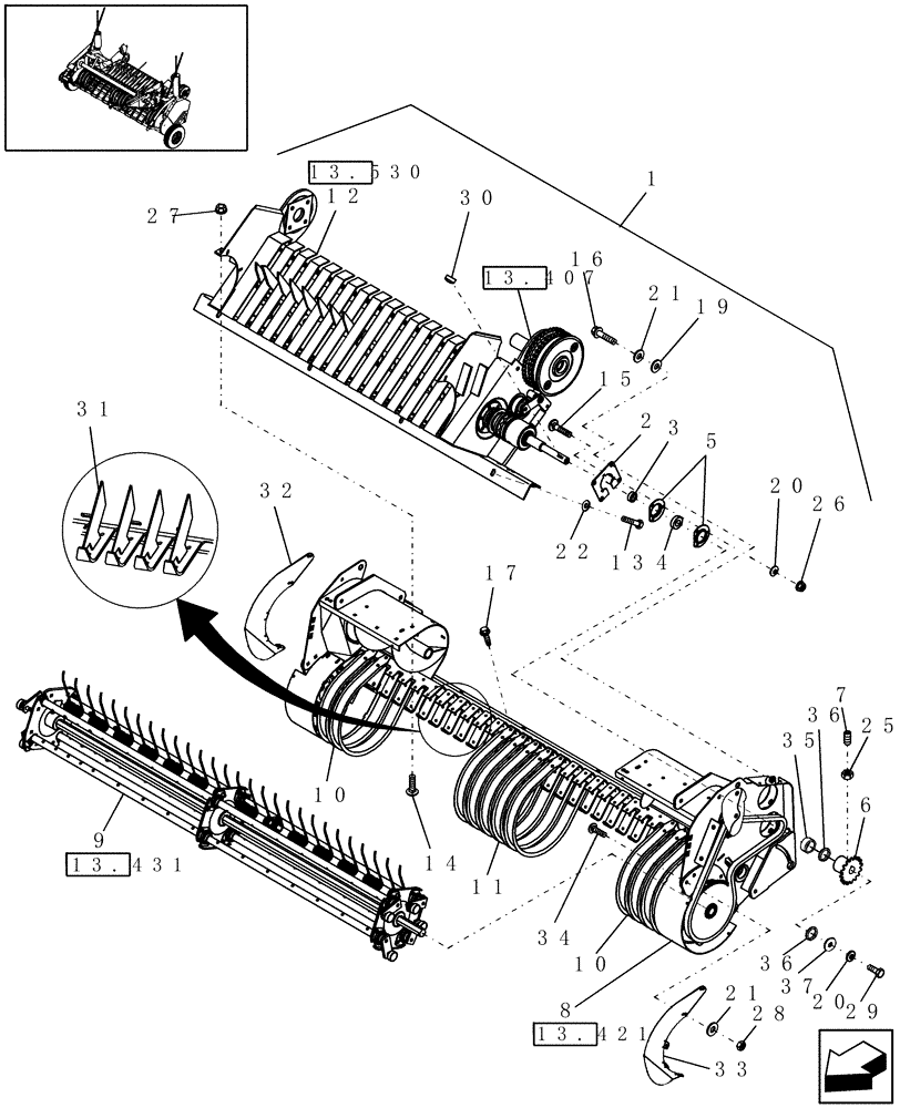 Схема запчастей Case IH RBX563 - (13.409) - 2M WIDE PICKUP, STUFFER FEEDER, NORTH AMERICA (13) - FEEDER