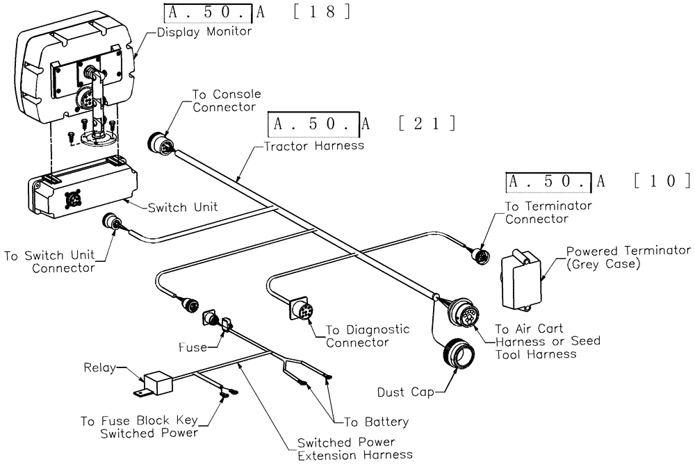 Схема запчастей Case IH ADX2230 - (A.50[02]) - LAYOUT - DISPLAY MONITOR, SWITCH UNIT AND TRACTOR HARNESS A - Distribution Systems