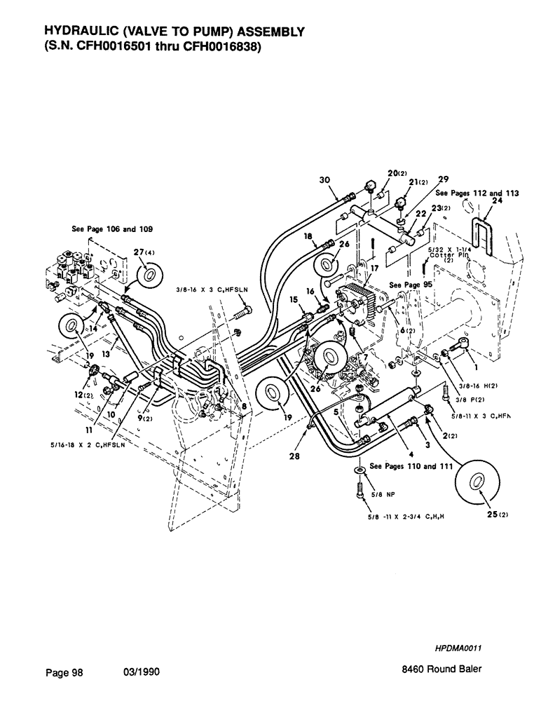 Схема запчастей Case IH 8460 - (098) - HYDRAULIC, VALVE TO PUMP, ASSEMBLY, SERIAL NUMBER CFH0016501 THROUGH CFH0016838 (07) - HYDRAULICS