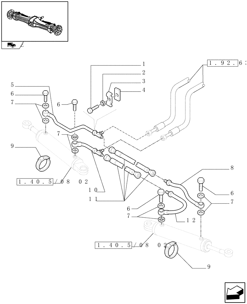 Схема запчастей Case IH FARMALL 80 - (1.40.5/08[01]) - CLASS 2 FRONT AXLE WITH 2ND STEERING CYL. (4OKM/H) - POWER STEERING CYLINDER (VAR.335540-743908-743552) (04) - FRONT AXLE & STEERING