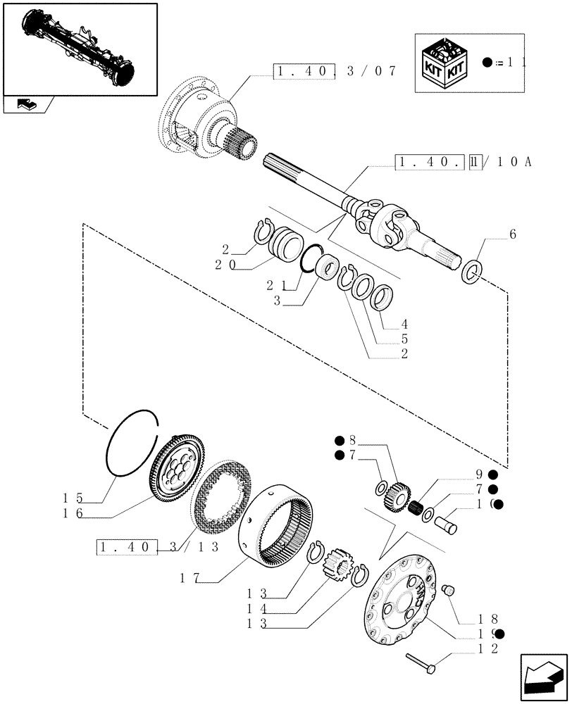 Схема запчастей Case IH PUMA 210 - (1.40.3/10[01]) - (VAR.212) FRONT AXLE WITH ACTIVE SUSPENSIONS AND BRAKES - AXLE SHAFTS AND EPICICLIC REDUCERS (04) - FRONT AXLE & STEERING