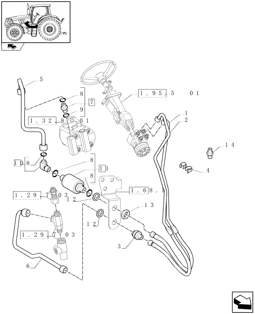 Схема запчастей Case IH MAXXUM 120 - (1.42.0[03]) - POWER STEERING DELIVERY AND RETURN PIPES FOR STANDARD STEER (04) - FRONT AXLE & STEERING