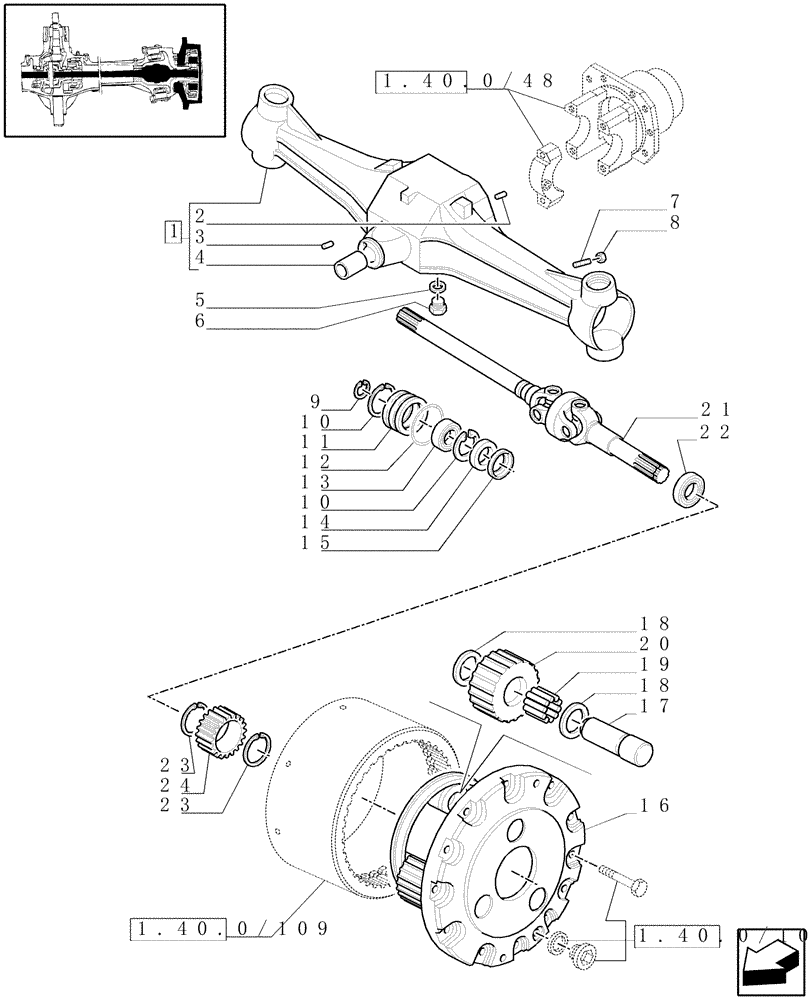 Схема запчастей Case IH JX80U - (1.40.0/14[01]) - (VAR.415) FRONT AXLE CL. 2/BRAKE, FRONT MUDGARD HYDR. DIFF. LOCK. HYDR. TRANSM. - FRONT AXLE - C4998 (04) - FRONT AXLE & STEERING