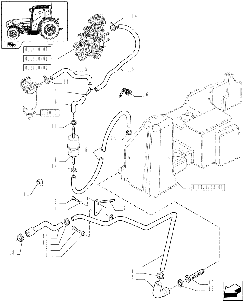 Схема запчастей Case IH FARMALL 75N - (1.14.2/02[02]) - FUEL LINES - D6808 (02) - ENGINE EQUIPMENT