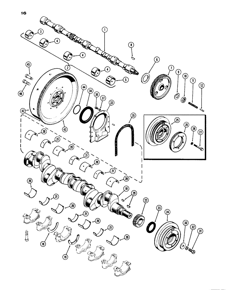 Схема запчастей Case IH 1030 - (016) - CAMSHAFT, CRANKSHAFT AND BRGS FLYWHEEL (02) - ENGINE