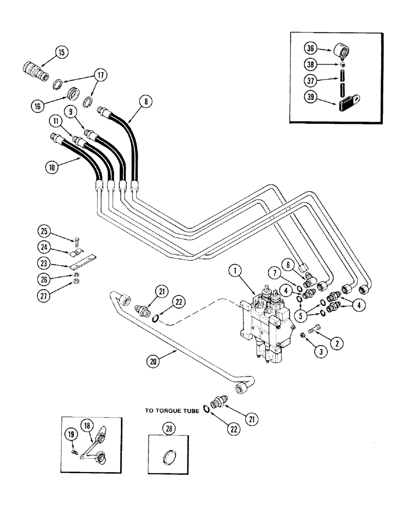 Схема запчастей Case IH 2394 - (8-028) - REMOTE TUBES AND COUPLINGS, TWO CIRCUIT REMOTE, PRIOR TO TRANSMISSION SERIAL NO. 16283224 (08) - HYDRAULICS