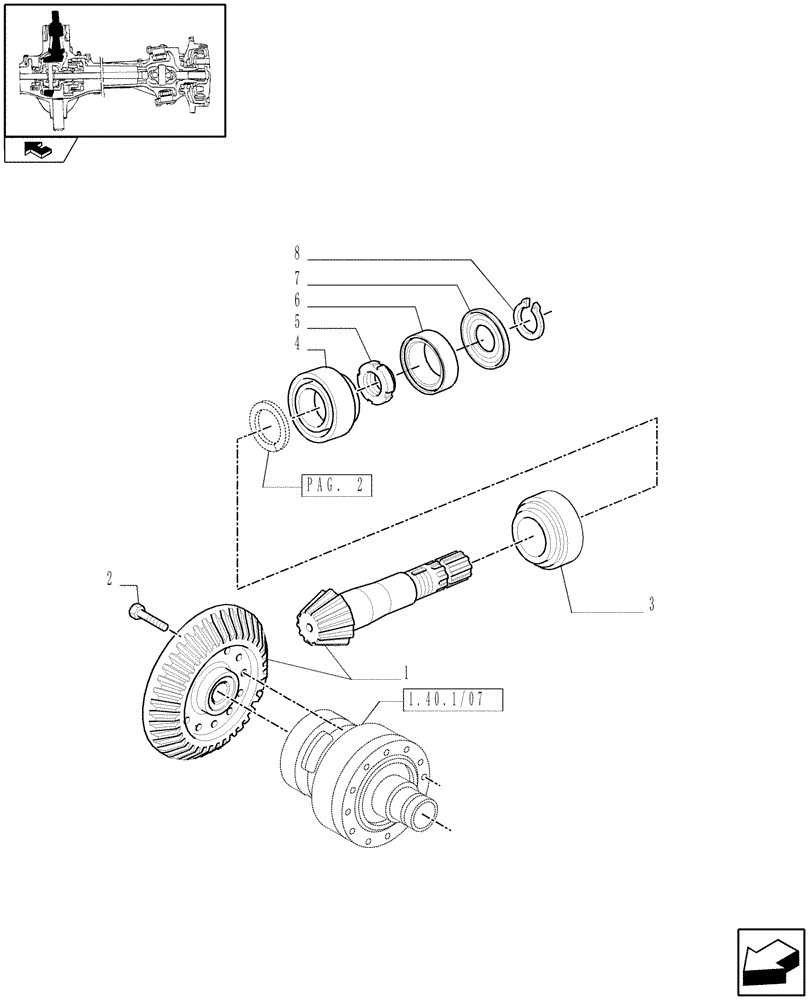 Схема запчастей Case IH PUMA 155 - (1.40. 1/06[01]) - (CL.4) FRONT AXLE W/MULTI-PLATE DIFF. LOCK AND STEERING SENSOR - BEVEL GEAR PAIR (04) - FRONT AXLE & STEERING