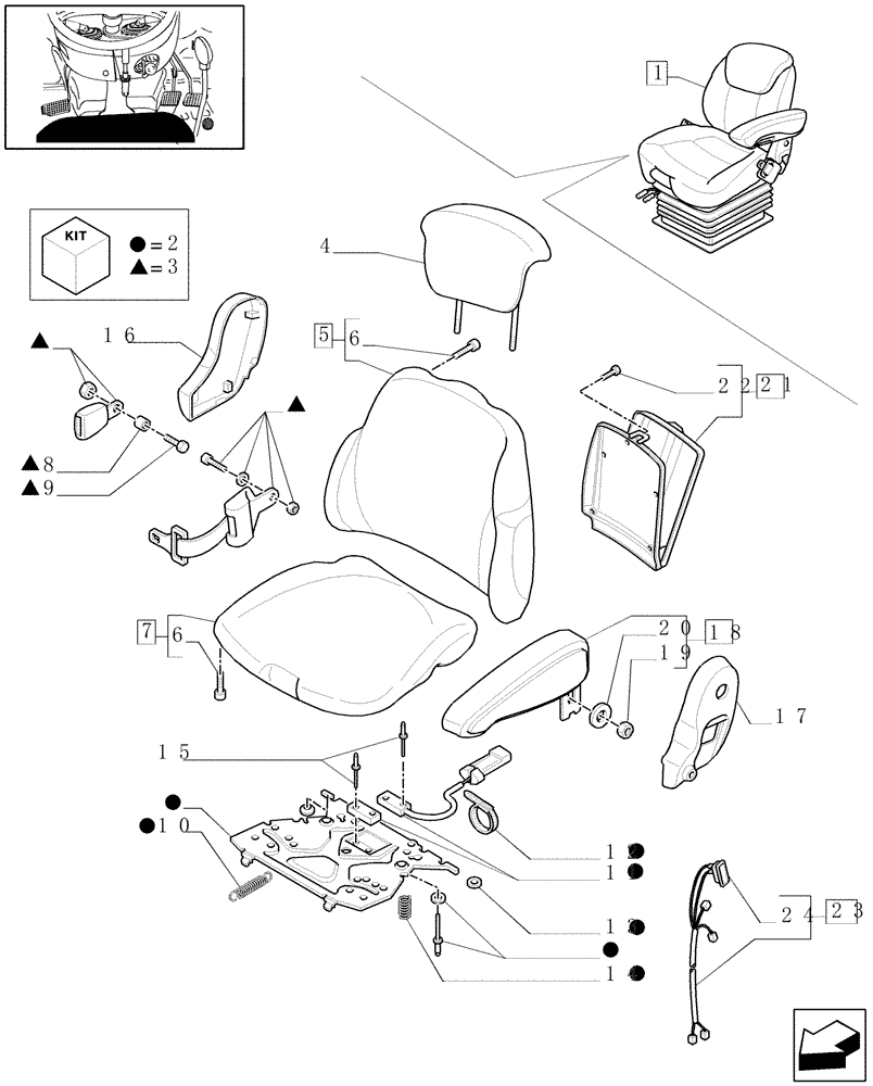 Схема запчастей Case IH MAXXUM 115 - (1.93.3/ L[01]) - DELUXE AIR SUSPENSION SEAT WITH HEATED CUSHIONS, OPS AND BELT - BREAKDOWN - W/CAB - D5518 (VAR.330709) (10) - OPERATORS PLATFORM/CAB