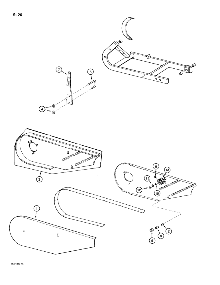 Схема запчастей Case IH 1100 - (9-20) - CUTTER BAR SUPPORT HINGE COUPLING, IDLER PULLEY, AND SHIELDS (09) - CHASSIS/ATTACHMENTS