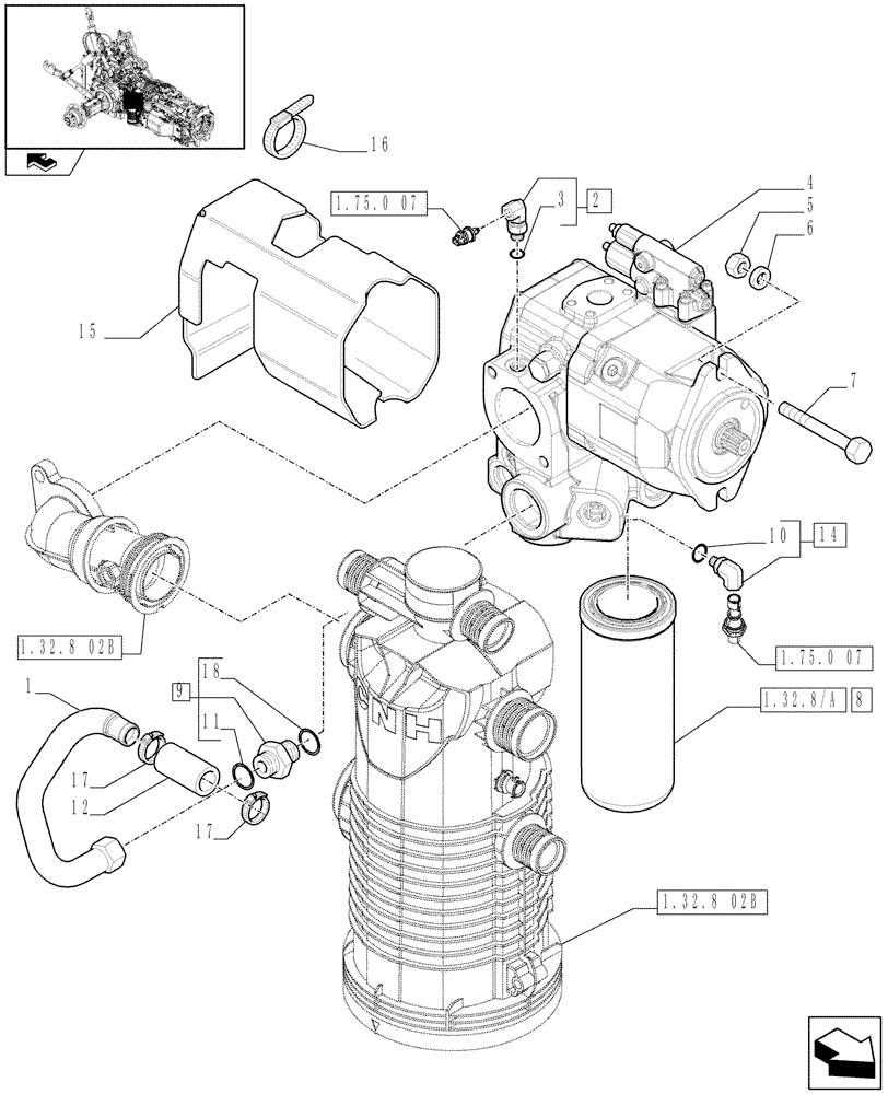 Схема запчастей Case IH PUMA 210 - (1.32.8[04B]) - HYDRAULIC PUMP - CHARGE PUMP - D7051 - C7052 (03) - TRANSMISSION