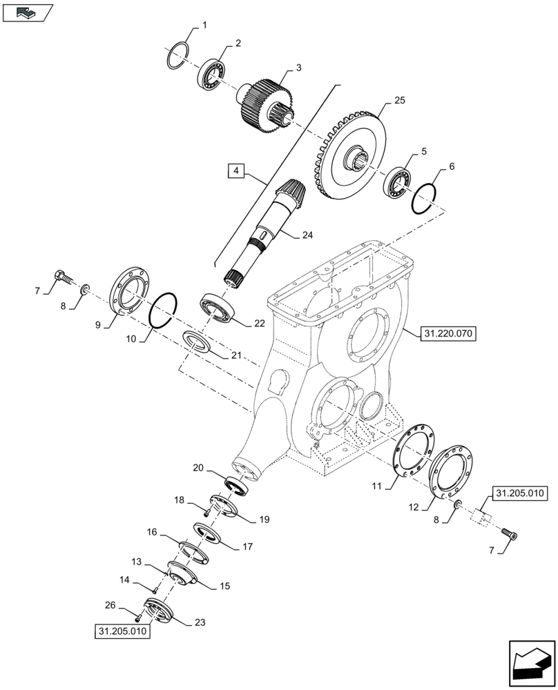 Схема запчастей Case IH LB434R XL - (31.220.080) - MAIN GEARBOX, SHAFT TO FLYWHEEL (31) - IMPLEMENT POWER TAKE OFF