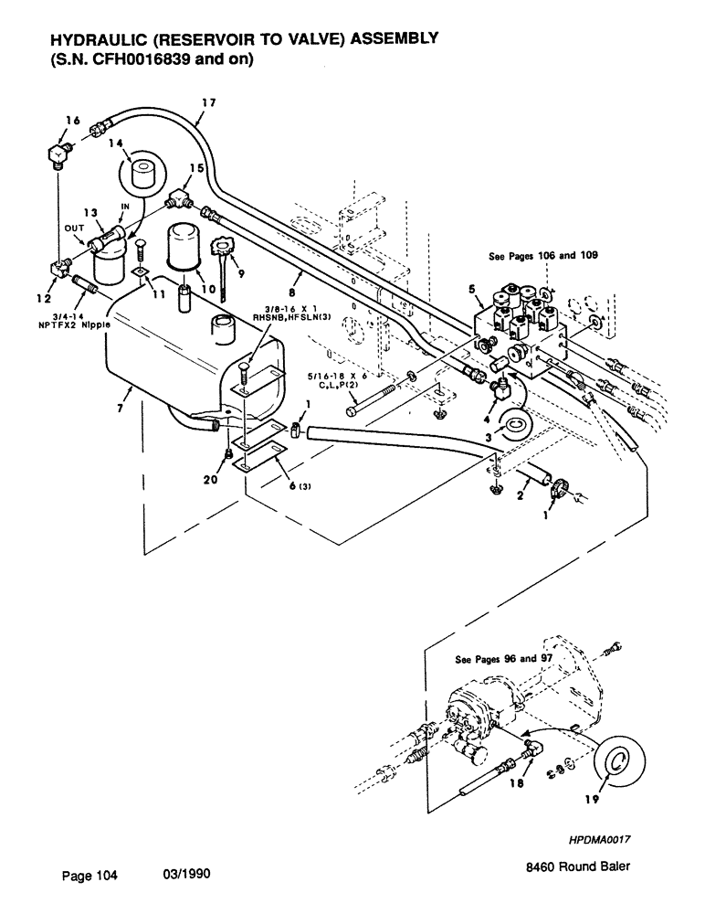 Схема запчастей Case IH 8460 - (104) - HYDRAULIC, RESERVOIR TO VALVE, ASSEMBLY, SERIAL NUMBER CFH0016839 AND ON (07) - HYDRAULICS