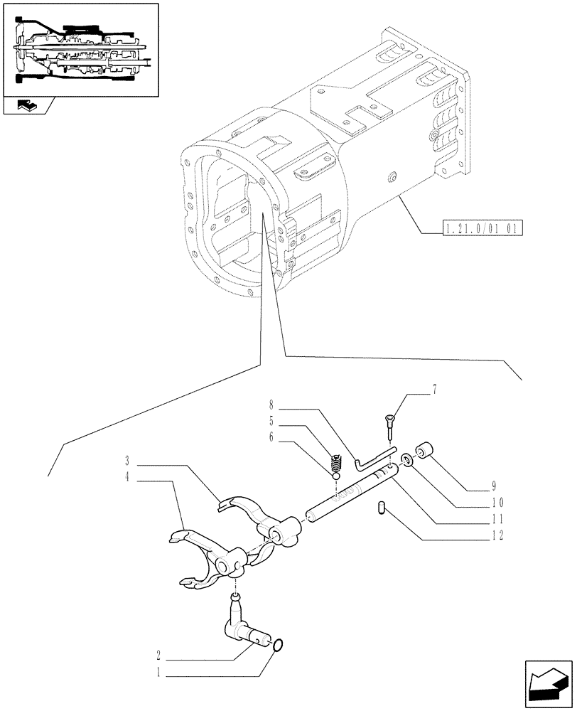 Схема запчастей Case IH FARMALL 80 - (1.29.0/01) - 20X12 TRANSMISSION WITH SYNCHRO SHUTTLE AND CREEPER - ROD AND FORK (VAR.335113-335115-336115-743904) (03) - TRANSMISSION