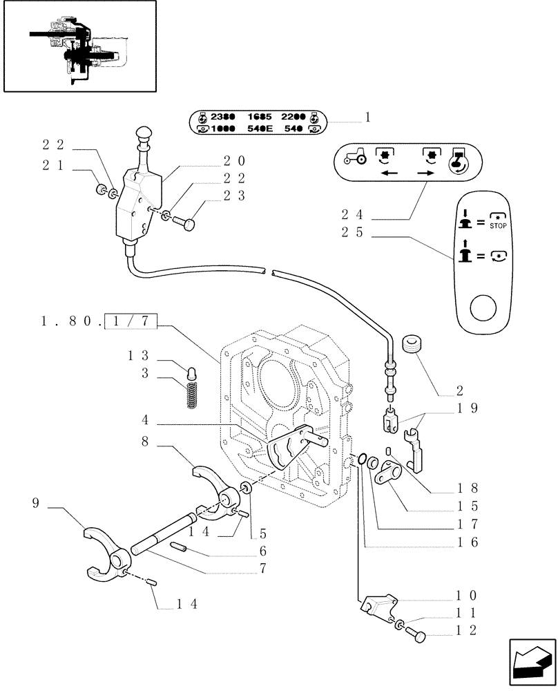 Схема запчастей Case IH JX80U - (1.96.3/01) - (VAR.729) SYNCHRO MESH GEARED POWER TAKE -OFF 540 - 750 - 1000 RPM - CONTROL PARTS (10) - OPERATORS PLATFORM/CAB