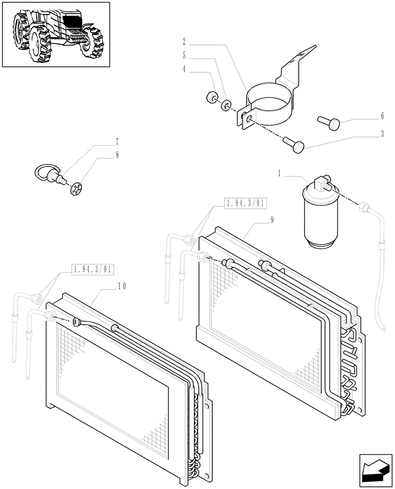 Схема запчастей Case IH MXU110 - (1.17.0/87) - (VAR.435-437/1-545-608-612) CONDENSER AND DEHYDRATING FILTER FOR AIR CONDITIONING (02) - ENGINE EQUIPMENT