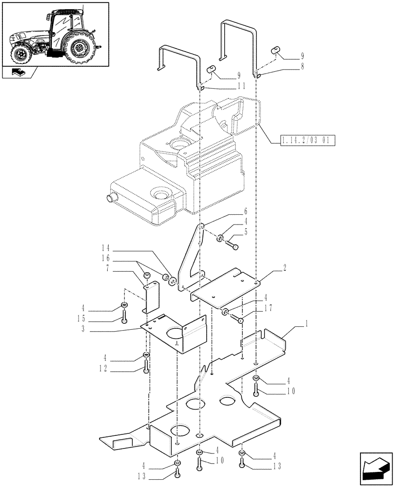 Схема запчастей Case IH FARMALL 85N - (1.14.7/03) - SMALL FUEL TANK - SIDE FUEL TANK SUPPORTS AND FASTENING STRIPS (VAR.332143 / 743501) (02) - ENGINE EQUIPMENT