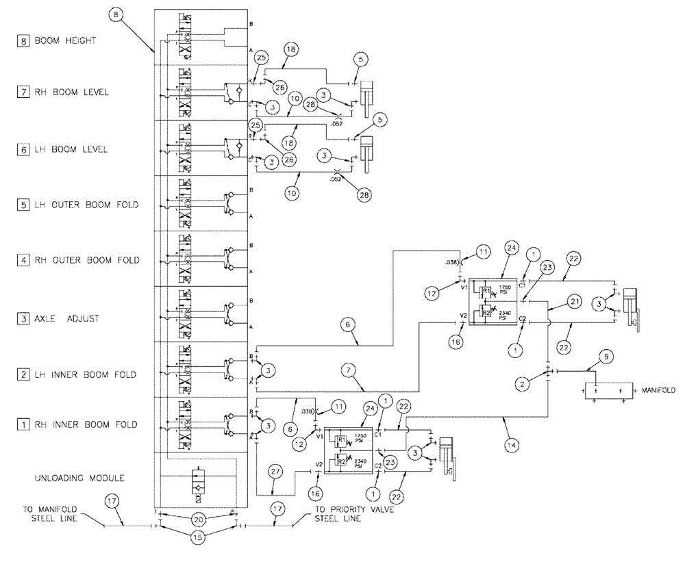 Схема запчастей Case IH SPX3200 - (06-016) - BOOM HYDRAULIC GROUP Hydraulic Plumbing