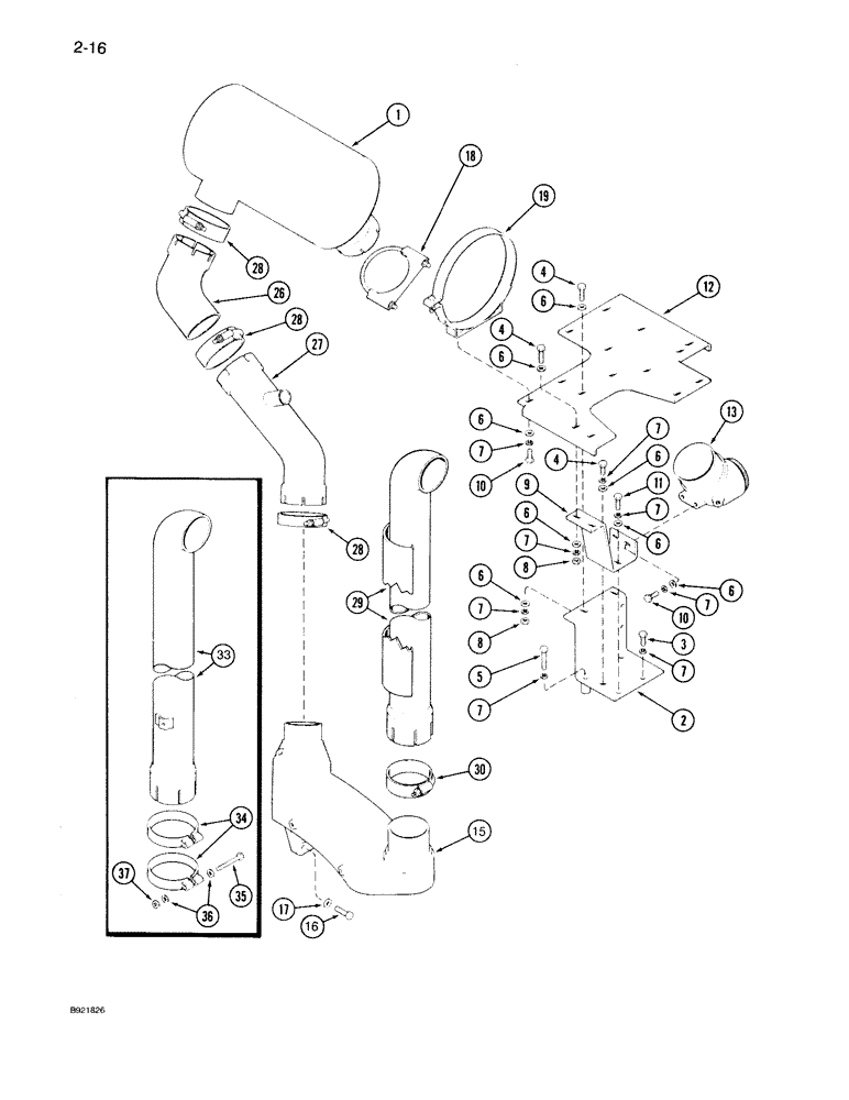 Схема запчастей Case IH 7130 - (2-016) - EXHAUST SYSTEM, PRIOR TO P.I.N. JJA0018535 (02) - ENGINE