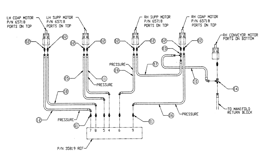 Схема запчастей Case IH FLEX-AIR - (06-002) - TRIPLE BIN FITTING GROUP Hydraulic Plumbing