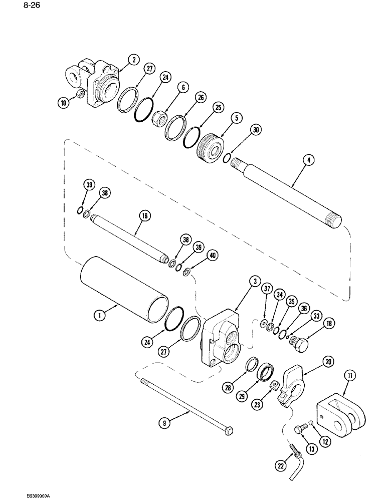 Схема запчастей Case IH 950 - (8-26) - ASSIST WHEEL HYDRAULIC CYLINDER, 6 ROW, 8 ROW NARROW, AND 8 ROW WIDE VERTICAL FOLD (08) - HYDRAULICS