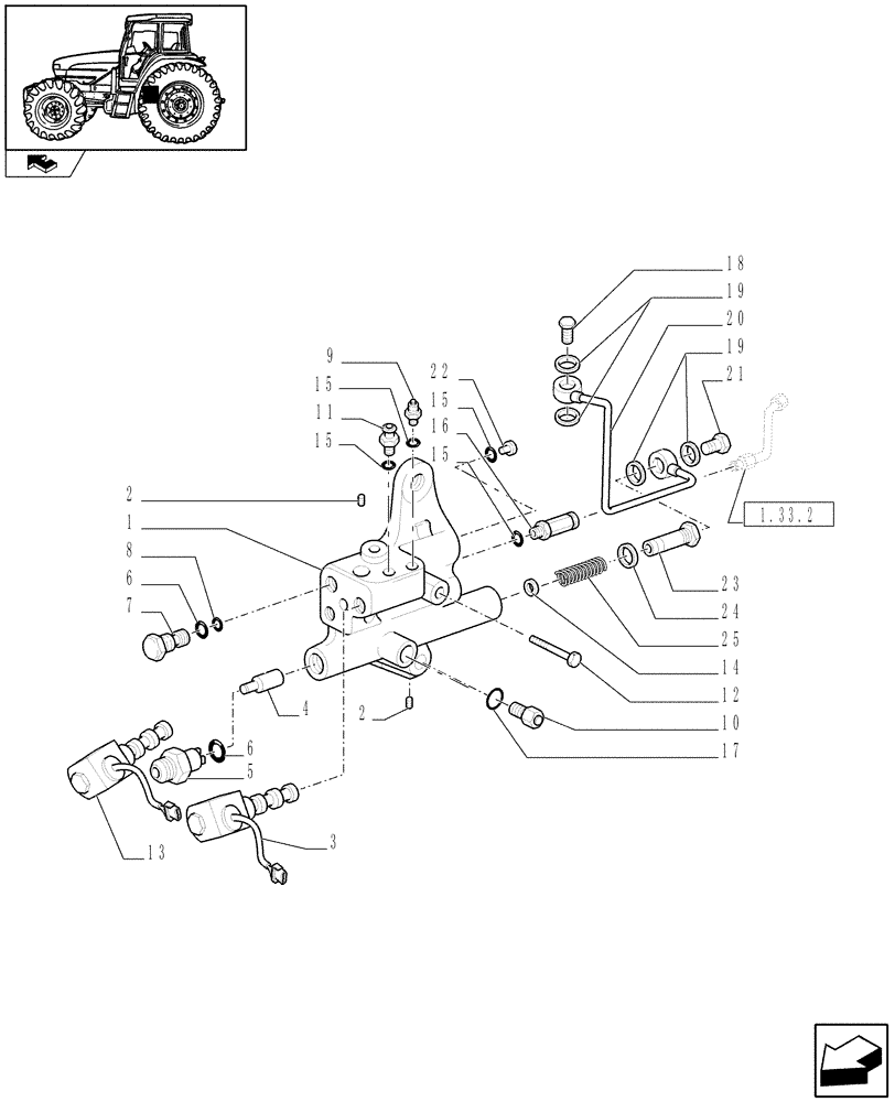 Схема запчастей Case IH FARMALL 85U - (1.33.2/06) - 2WD DIFFERENTIAL LOCK FOR HYDR. PTO LESS GROUND SPEED - SOLENOID VALVES & SUPP. (VAR.331380-332380) (04) - FRONT AXLE & STEERING