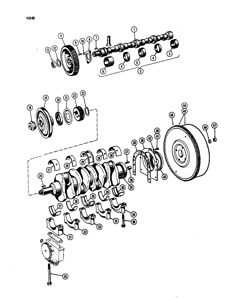 Схема запчастей Case IH 530 - (108) - CAMSHAFT, CRANKSHAFT AND FLYWHEEL, PRIOR TO S/N 8262800, 430 AND 530 MODELS, 188 DIESEL ENGINE (02) - ENGINE