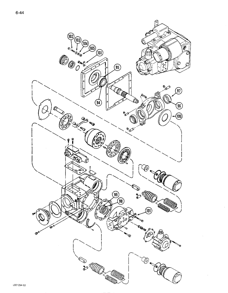 Схема запчастей Case IH 1680 - (6-044) - HYDROSTATIC PUMP ASSEMBLY, W/ SINGLE SPEED MOTOR, RICE COMBINE, P.I.N. JJC0047918 & AFTER (CONTD) (03) - POWER TRAIN