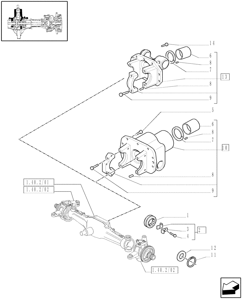 Схема запчастей Case IH JX1070C - (1.40.2/05) - (VAR.838-839) FRONT PTO LIFT - SUPPORT (04) - FRONT AXLE & STEERING