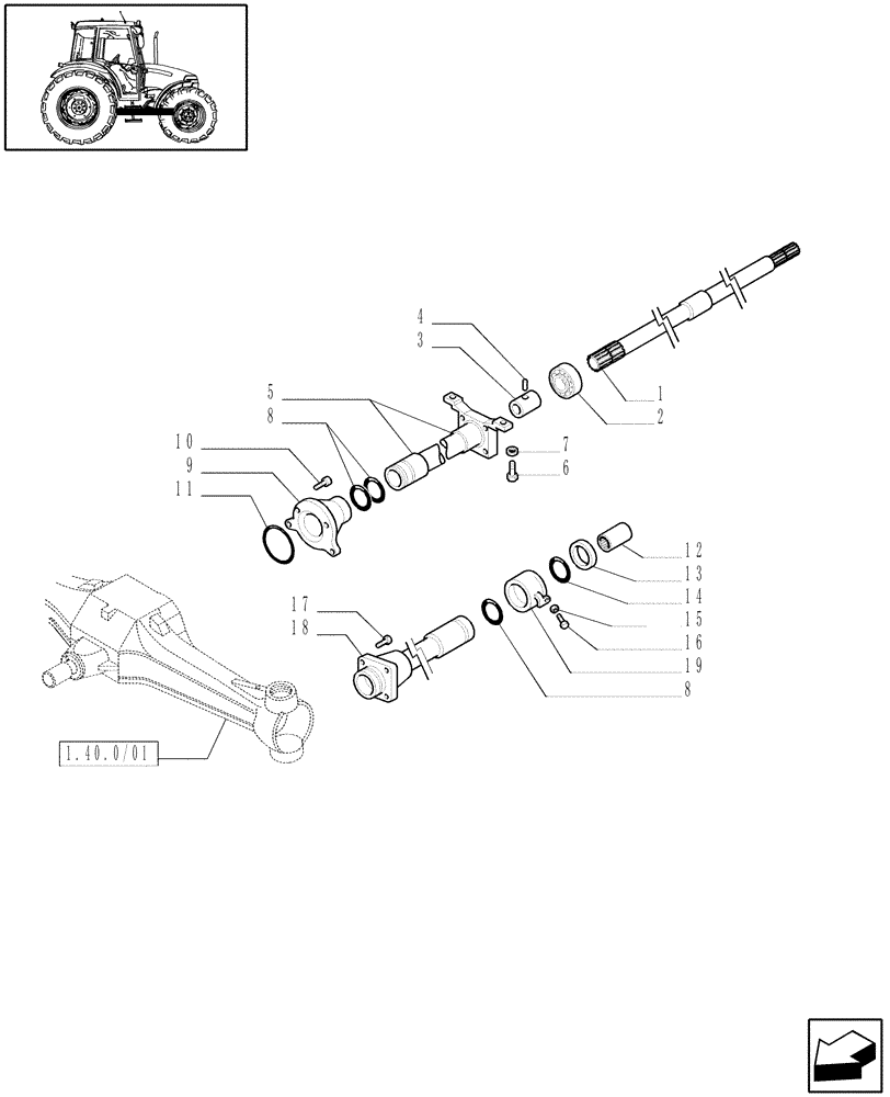 Схема запчастей Case IH JX70 - (1.38.5/01[01]) - (VAR.449) 4WD WATER PROOF TRANSMISSION - SLEEVE AND SUPPORT (04) - FRONT AXLE & STEERING