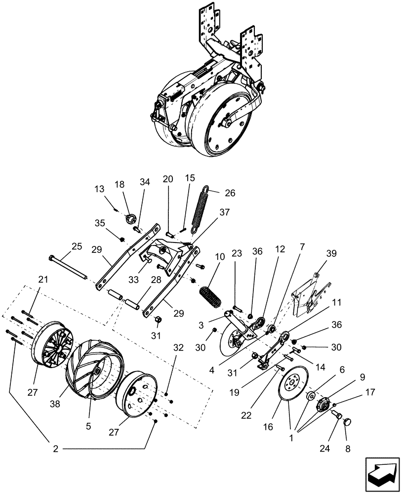 Схема запчастей Case IH 1260 - (75.200.34[02]) - ROW UNIT - PRESS WHEEL & COVERING DISC, WITH LH LEADING DISC OPENER (RH SIDE OF PLANTER) (75) - SOIL PREPARATION