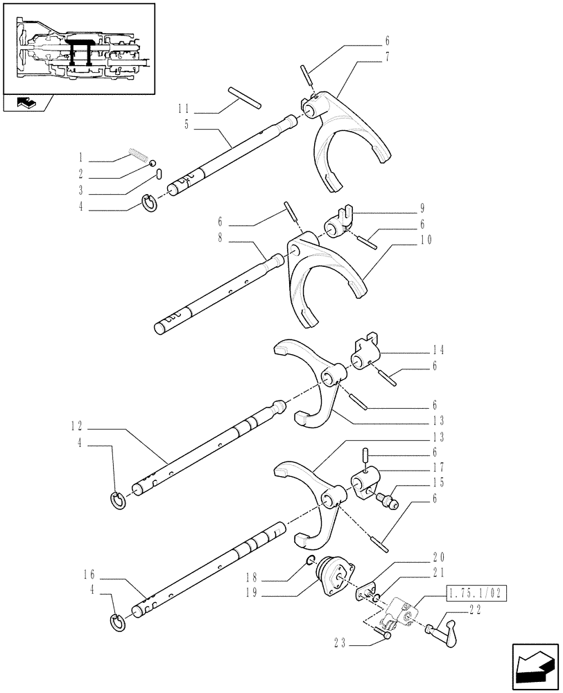 Схема запчастей Case IH FARMALL 95N - (1.29.0) - GEARBOX INNER CONTROLS, RODS AND FORKS (03) - TRANSMISSION