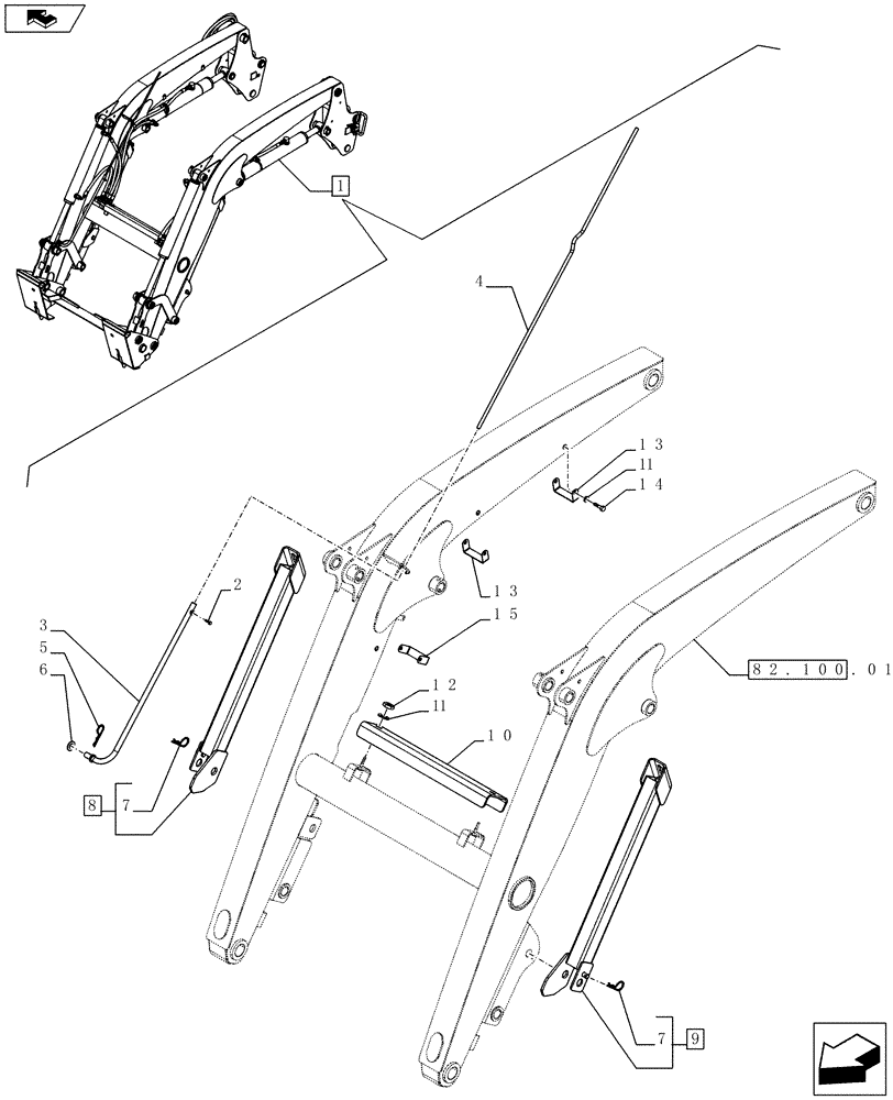 Схема запчастей Case IH L620 - (82.100.01[06]) - FRONT LOADER - BREAKDOWN - PARKING LEG AND PIPE PROTECTION - NAR (VAR.333489-335489) (82) - FRONT LOADER & BUCKET