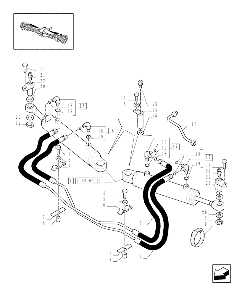 Схема запчастей Case IH MXU125 - (1.40.2/12) - (VAR.301/1-358/1) 4WD FRONT AXLE W/SUSPENSIONS AND TERRALOCK - HYDRAULIC STEERING CYLINDER (04) - FRONT AXLE & STEERING