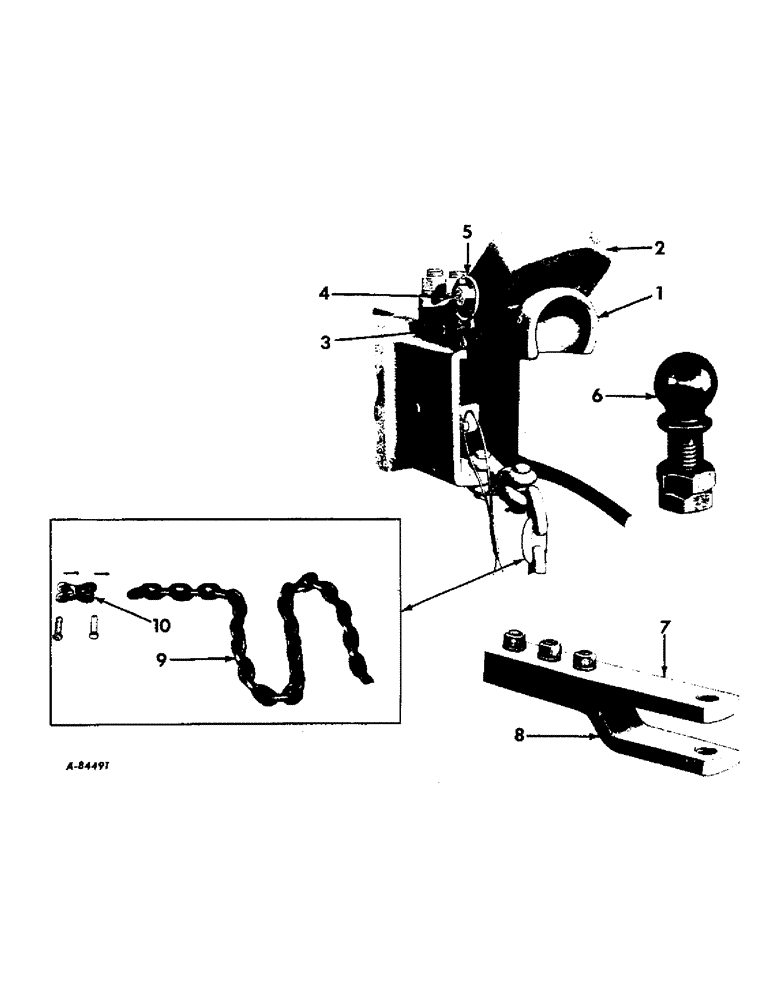 Схема запчастей Case IH VARIOUS - (B-108) - TRAILER HITCH AND SAFETY CHAIN, BALL AND SOCKET TYPE, 1965 AND SINCE 