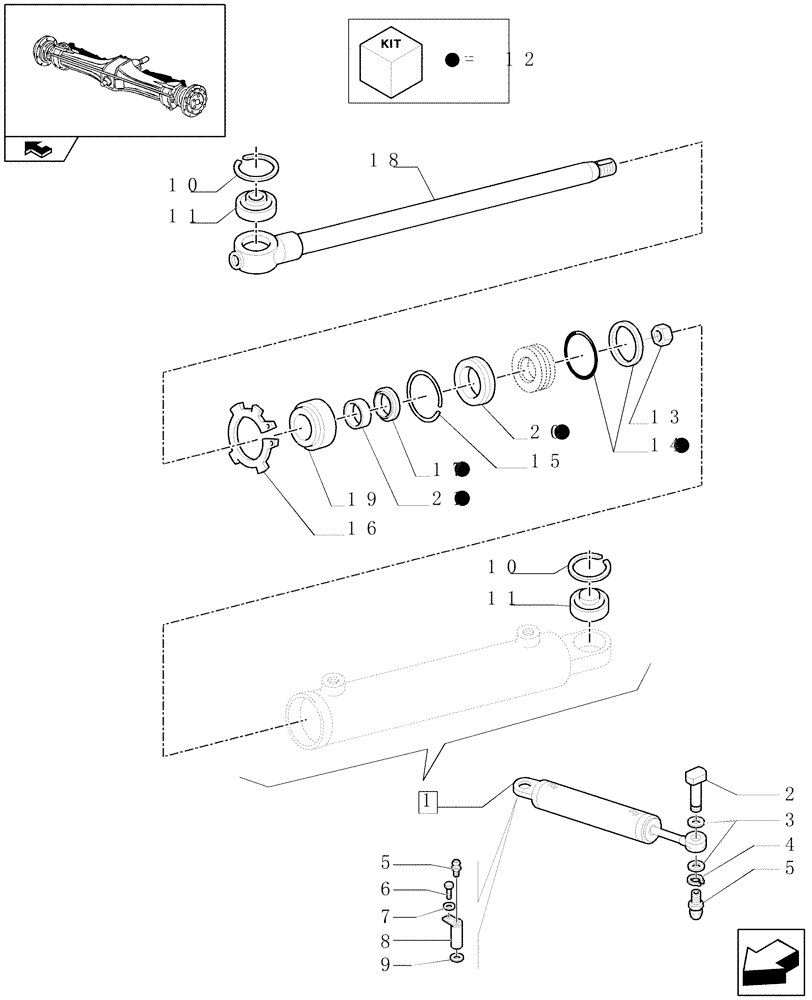 Схема запчастей Case IH FARMALL 90 - (1.40.5/08[02]) - CLASS 2 FRONT AXLE WITH 2ND STEERING CYL. (40KM/H) - POWER STEERING CYLINDER (VAR.335540-743908-743552) (04) - FRONT AXLE & STEERING