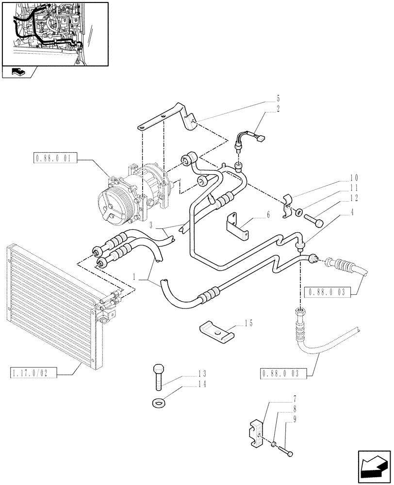 Схема запчастей Case IH FARMALL 75N - (0.88.0[02]) - AIR CONDITIONING - PIPES AND RELATED PARTS (VAR.330641 / 743539; VAR.332641 / 743540) (01) - ENGINE