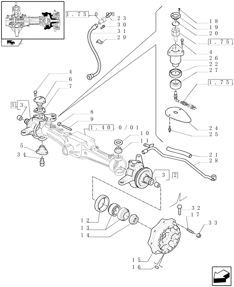 Схема запчастей Case IH PUMA 140 - (1.40.0/02) - (CL.3) FRONT AXLE WITH HYDR. DIFFER. LOCK AND STEERING SENSOR - STEERING AXLES AND HUBS (04) - FRONT AXLE & STEERING