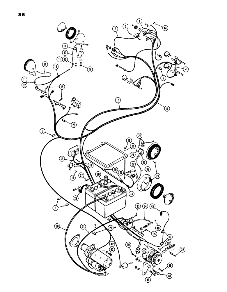 Схема запчастей Case IH 1200 - (038) - ELECTRICAL WIRING AND HARDWARE, (451) DIESEL ENGINE, FIRST USED TRACTOR SERIAL NUMBER 9800221 (04) - ELECTRICAL SYSTEMS