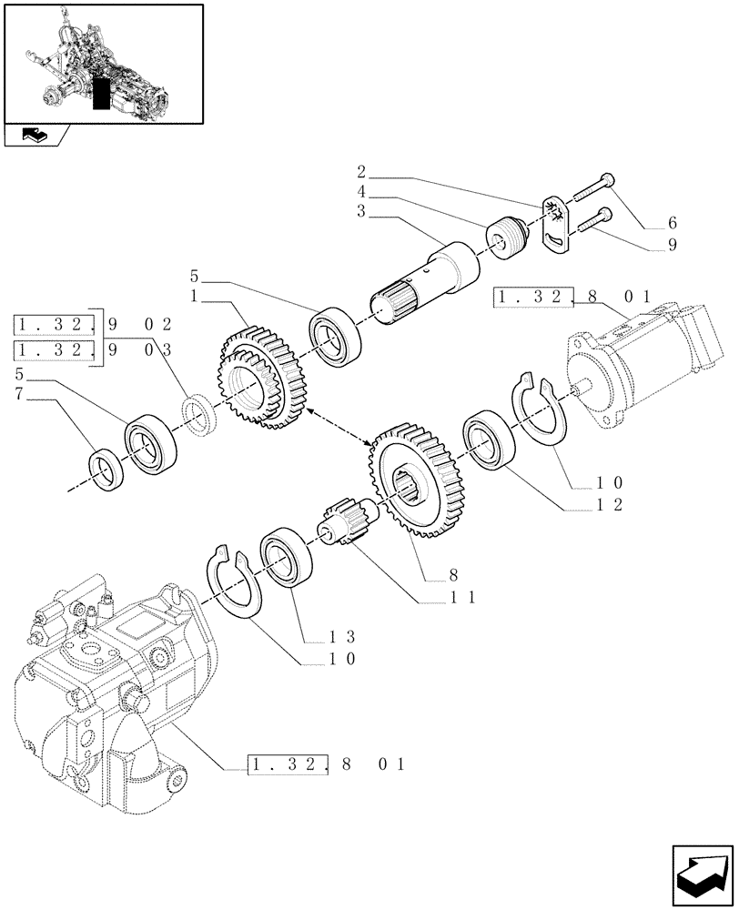 Схема запчастей Case IH PUMA 125 - (1.32.9[01]) - PUMPS FOR HYDRAULIC SYSTEM AND LIFT - DRIVING GEARS (03) - TRANSMISSION