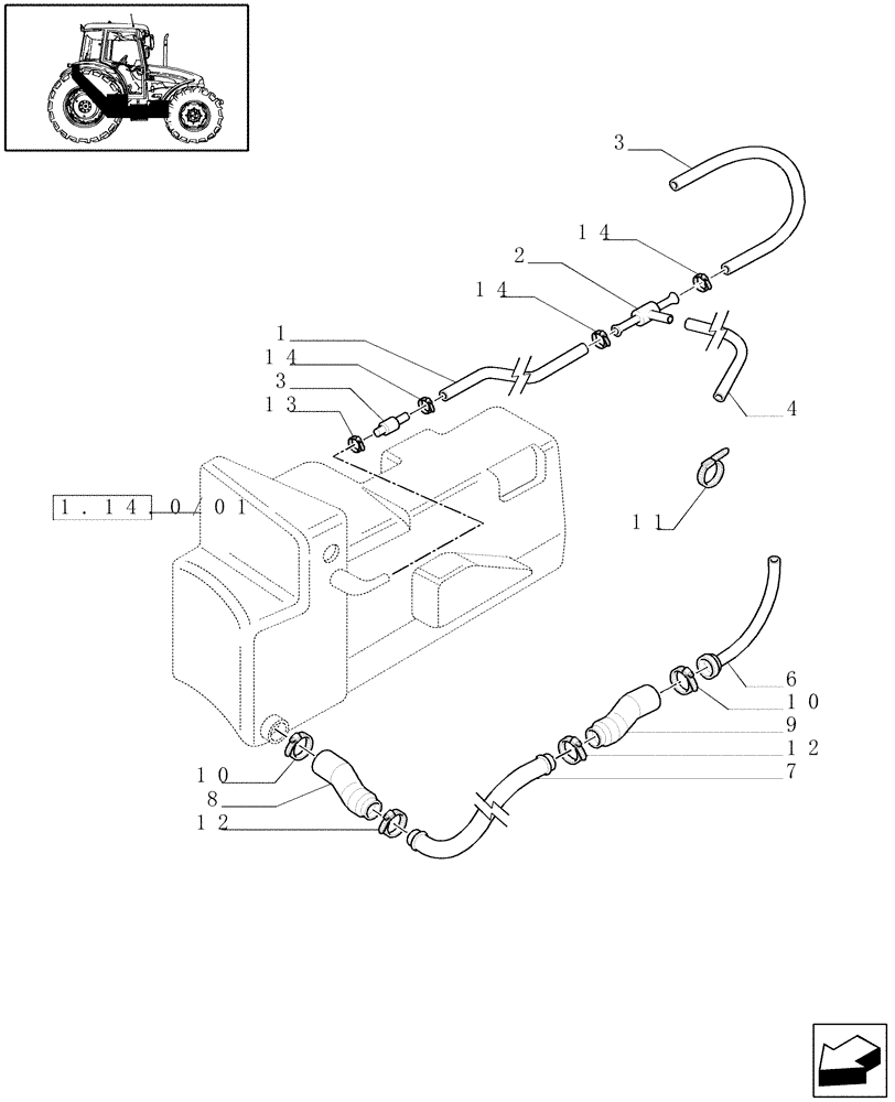 Схема запчастей Case IH JX95 - (1.14.6/01) - (VAR.042) AUXILIARY FUEL TANK (34L.) - FUEL PIPES (02) - ENGINE EQUIPMENT