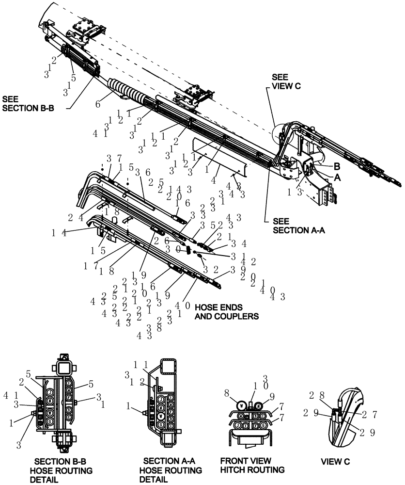 Схема запчастей Case IH 1200PT - (F.10.G[06]) - LAYOUT HOSE CARRIER HOSE ROUTING 16/31 ROW & 24 ROW - FRONT (ASN CBJ022252) F - Frame Positioning