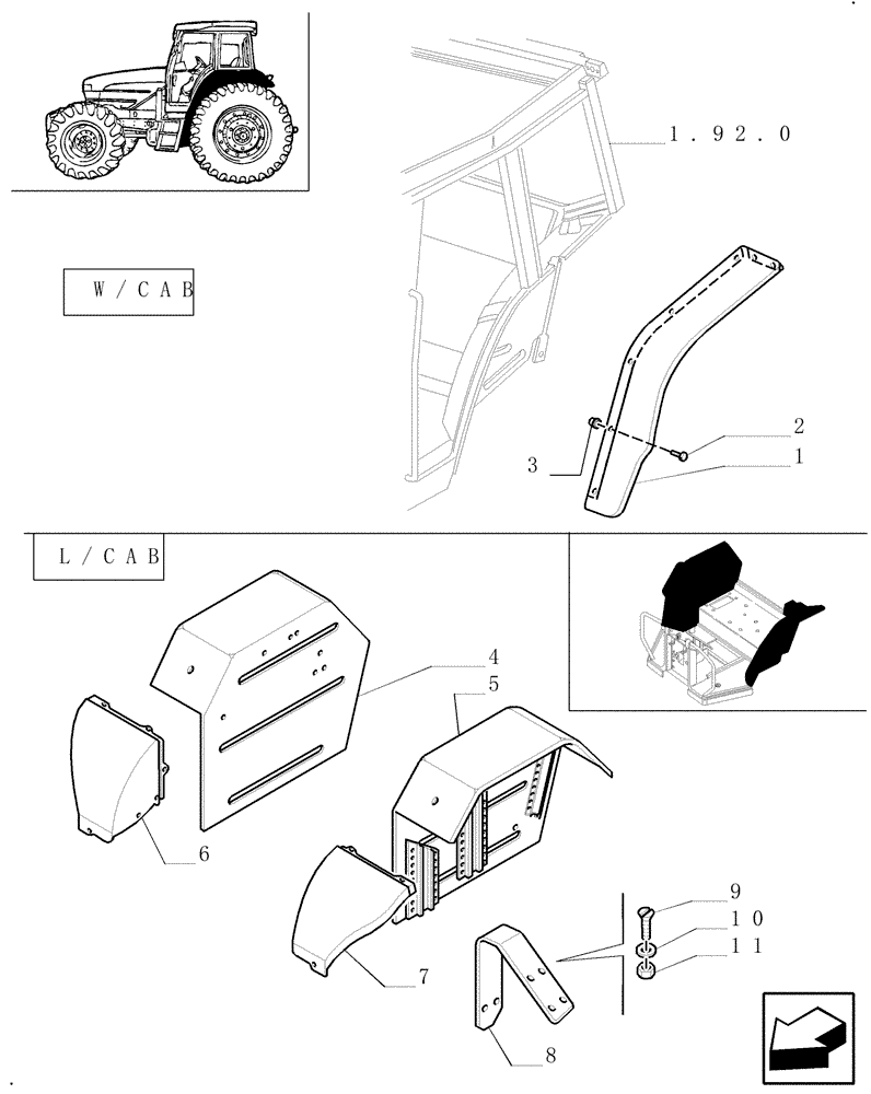 Схема запчастей Case IH JX70U - (1.92.5/02) - (VAR.870) WIDE MUDGUARDS - BRACKETS - EXTENSIONS (10) - OPERATORS PLATFORM/CAB