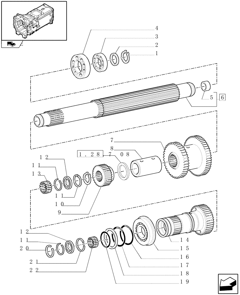 Схема запчастей Case IH PUMA 140 - (1.28.7[04]) - TRASM. 18X6 OR 19X6 (40KM/H) SPS - TOP DRIVING SHAFT AND GEARS (03) - TRANSMISSION