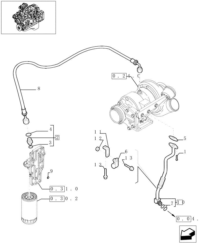 Схема запчастей Case IH PX170 - (0.30.5[01]) - PIPING - ENGINE OIL - PX170 (504019901) (02) - ENGINE