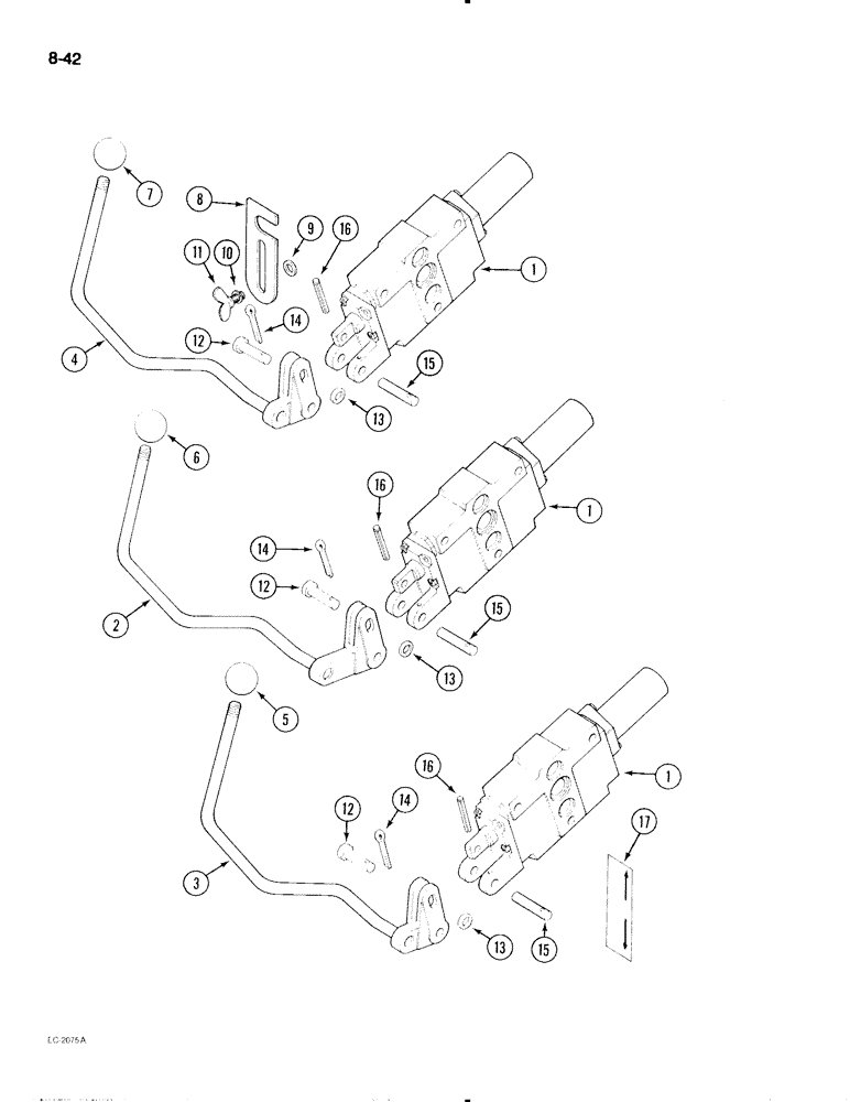 Схема запчастей Case IH 595 - (8-42) - REMOTE AUXILIARY VALVE CONTROL, FIRST, SECOND AND THIRD BANK, WITHOUT CAB (08) - HYDRAULICS