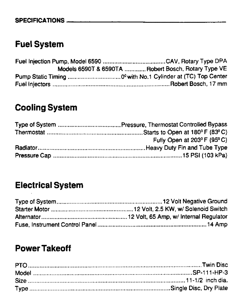 Схема запчастей Case IH 6590 - (008) - SPECIFICATIONS, FUEL SYSTEM, COOLING SYSTEM, ELECTRICAL SYSTEM, POWER TAKEOFF 