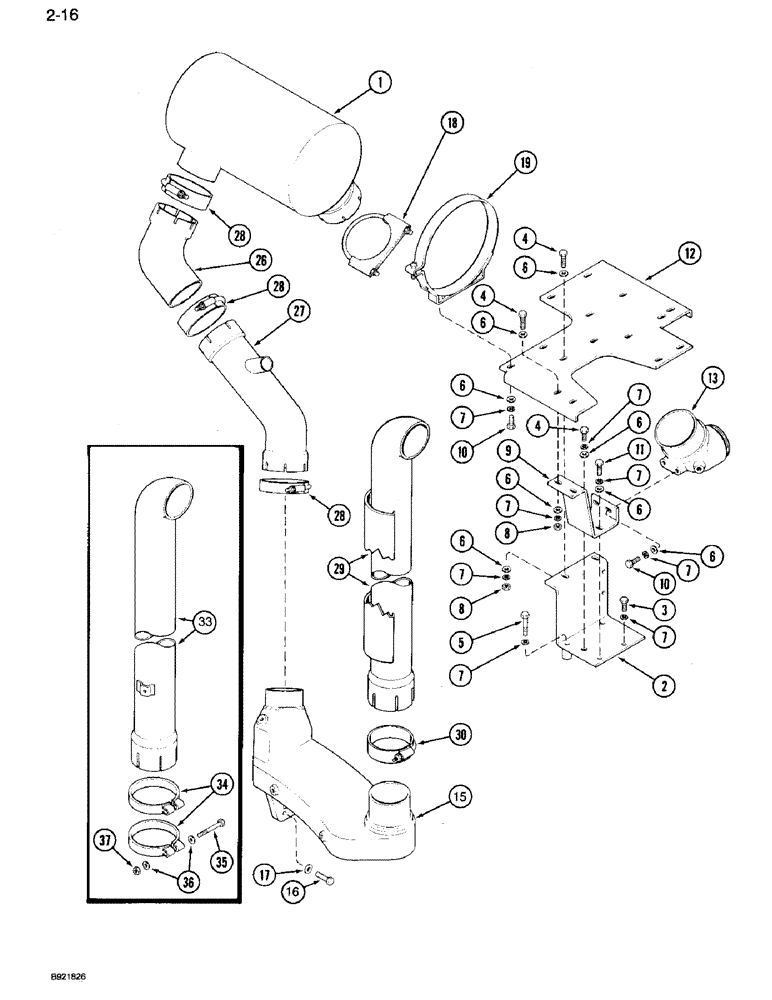 Схема запчастей Case IH 7110 - (2-16) - EXHAUST SYSTEM, PRIOR TO P.I.N. JJA0018535 (02) - ENGINE