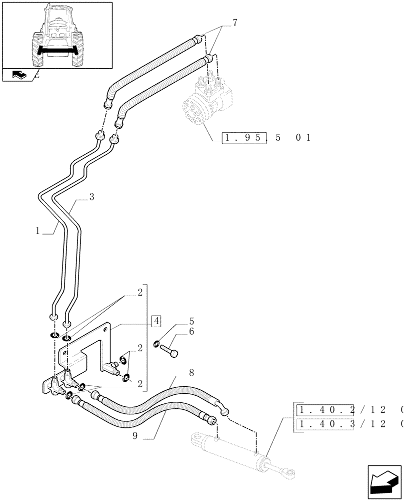 Схема запчастей Case IH PUMA 125 - (1.42.0/01) - SUSPENDED FRONT AXLE - STEERING CYLINDER PIPES AND POWER STEER. PIPES (VAR.330414-330427-330429-330430) (04) - FRONT AXLE & STEERING