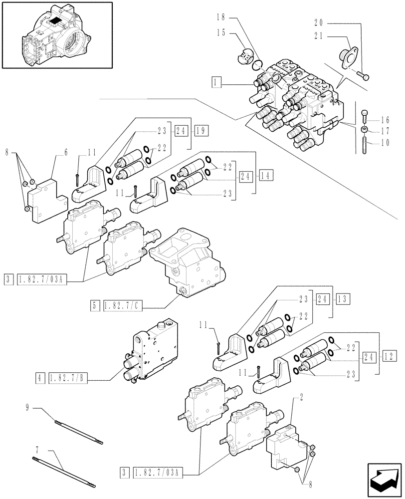 Схема запчастей Case IH PUMA 165 - (1.82.7/04) - (VAR.669) 4 X MECHANICAL CLOSED CENTER REMOTES (07) - HYDRAULIC SYSTEM