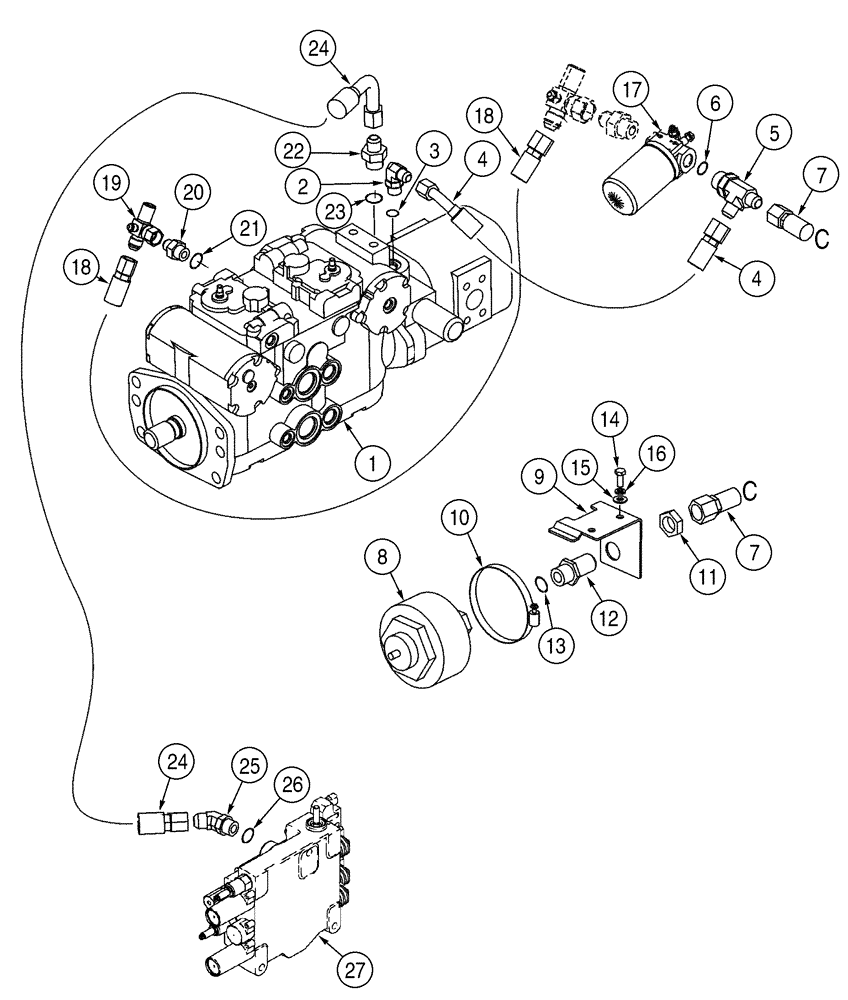 Схема запчастей Case IH 95XT - (06-04) - HYDROSTATICS - PUMP, SUPPLY & RETURN, TANDEM PUMP & CONTROL VALVE TO FILTERS (06) - POWER TRAIN